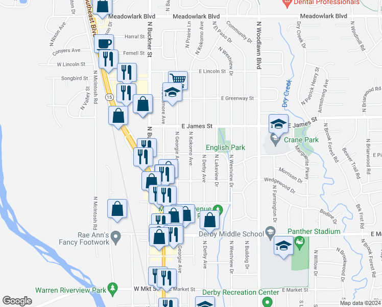 map of restaurants, bars, coffee shops, grocery stores, and more near 300 Crestway Street in Derby