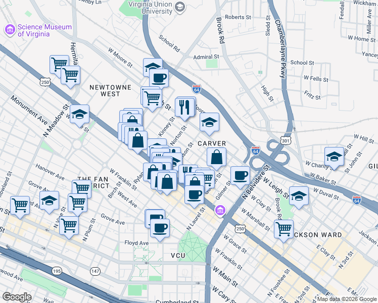 map of restaurants, bars, coffee shops, grocery stores, and more near 1125 West Clay Street in Richmond