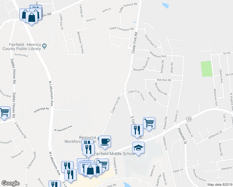 map of restaurants, bars, coffee shops, grocery stores, and more near 280 Cedar Fork Road in Richmond