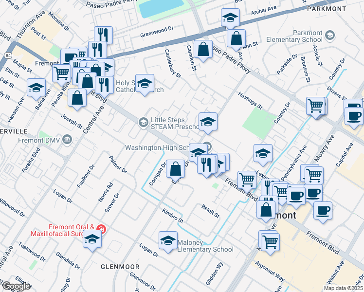 map of restaurants, bars, coffee shops, grocery stores, and more near 38258 Fremont Boulevard in Fremont