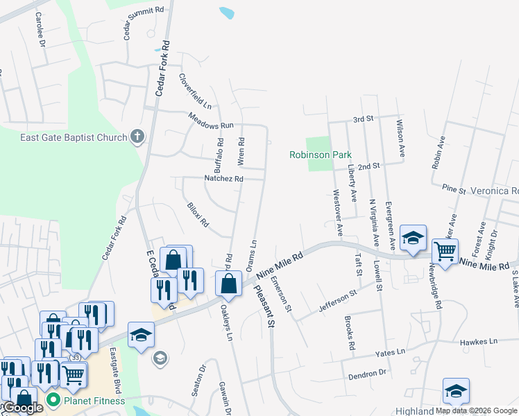 map of restaurants, bars, coffee shops, grocery stores, and more near 107 Orams Lane in Richmond