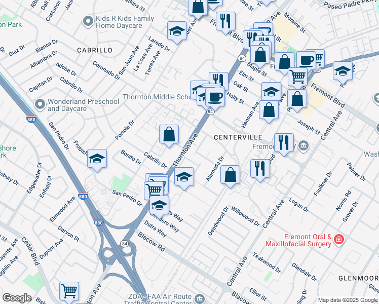 map of restaurants, bars, coffee shops, grocery stores, and more near 4560 Thornton Avenue in Fremont