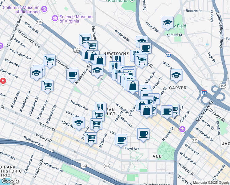 map of restaurants, bars, coffee shops, grocery stores, and more near 1609 West Grace Street in Richmond