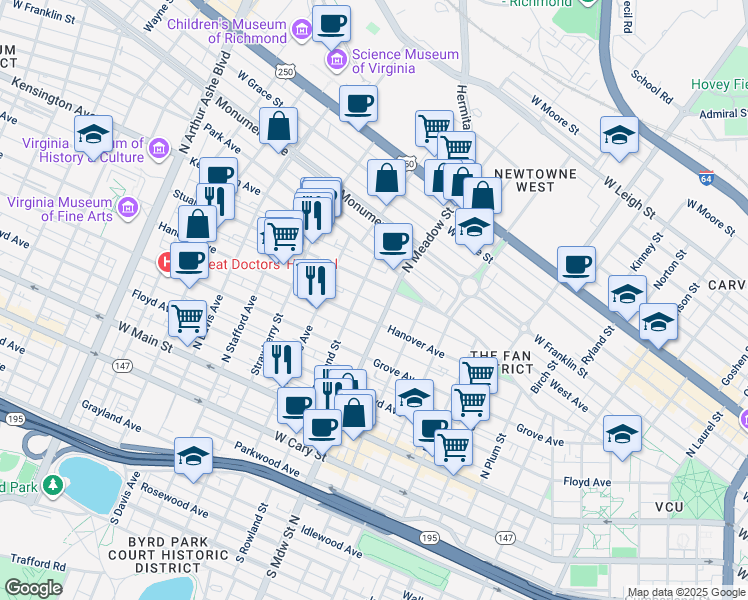 map of restaurants, bars, coffee shops, grocery stores, and more near 2010 Hanover Avenue in Richmond