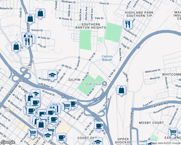 map of restaurants, bars, coffee shops, grocery stores, and more near 200 Hospital Street in Richmond