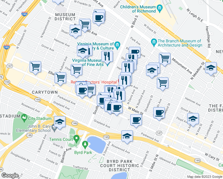 map of restaurants, bars, coffee shops, grocery stores, and more near 2705A Floyd Avenue in Richmond