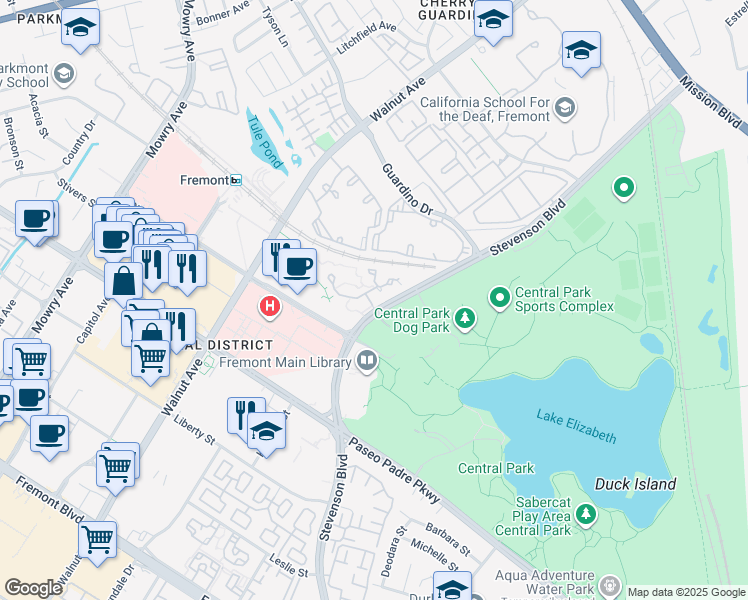 map of restaurants, bars, coffee shops, grocery stores, and more near 1995 Barrymore Common in Fremont
