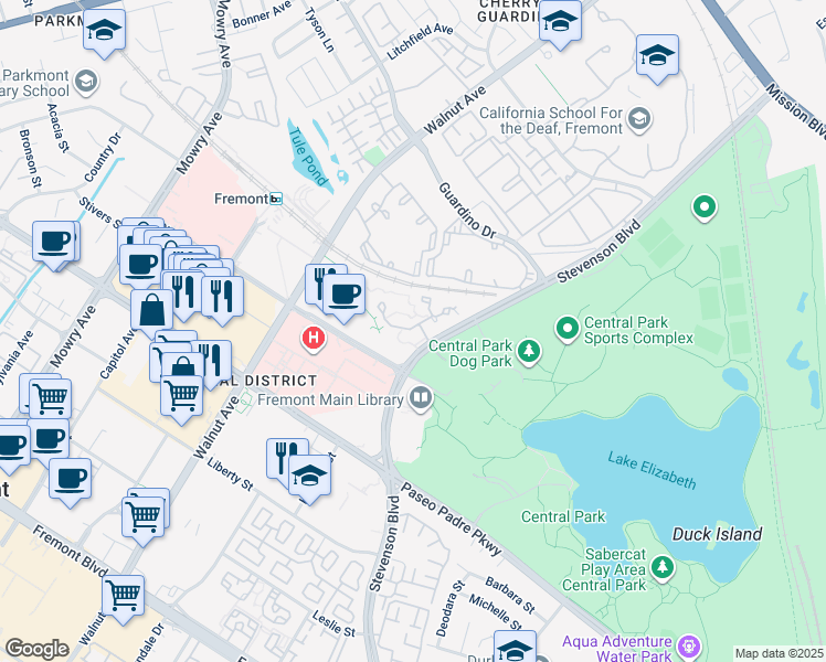 map of restaurants, bars, coffee shops, grocery stores, and more near 1995 Barrymore Common in Fremont