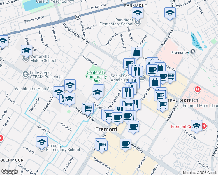 map of restaurants, bars, coffee shops, grocery stores, and more near 3330 Country Drive in Fremont
