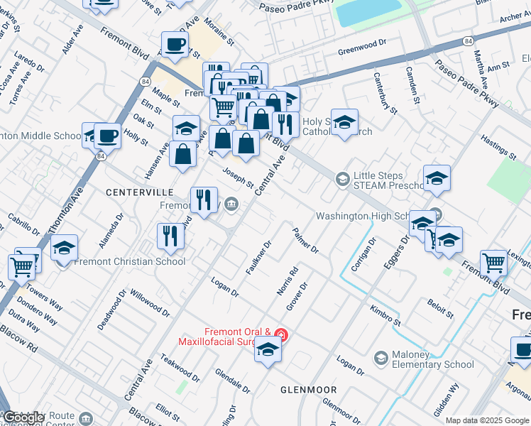 map of restaurants, bars, coffee shops, grocery stores, and more near 4222 Central Avenue in Fremont
