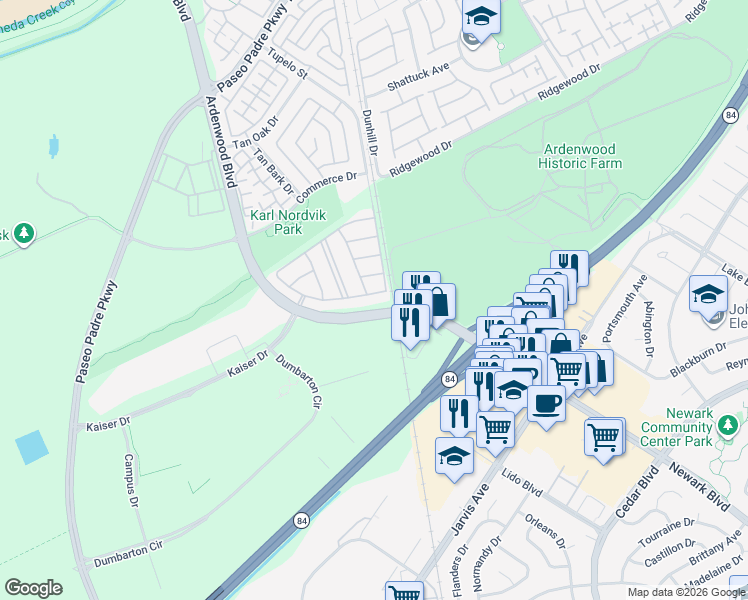map of restaurants, bars, coffee shops, grocery stores, and more near 5968 Show Terrace in Fremont