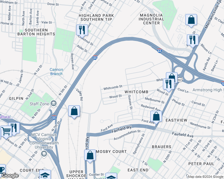 map of restaurants, bars, coffee shops, grocery stores, and more near in Richmond