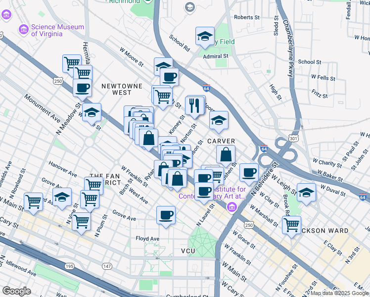 map of restaurants, bars, coffee shops, grocery stores, and more near 1313 West Clay Street in Richmond