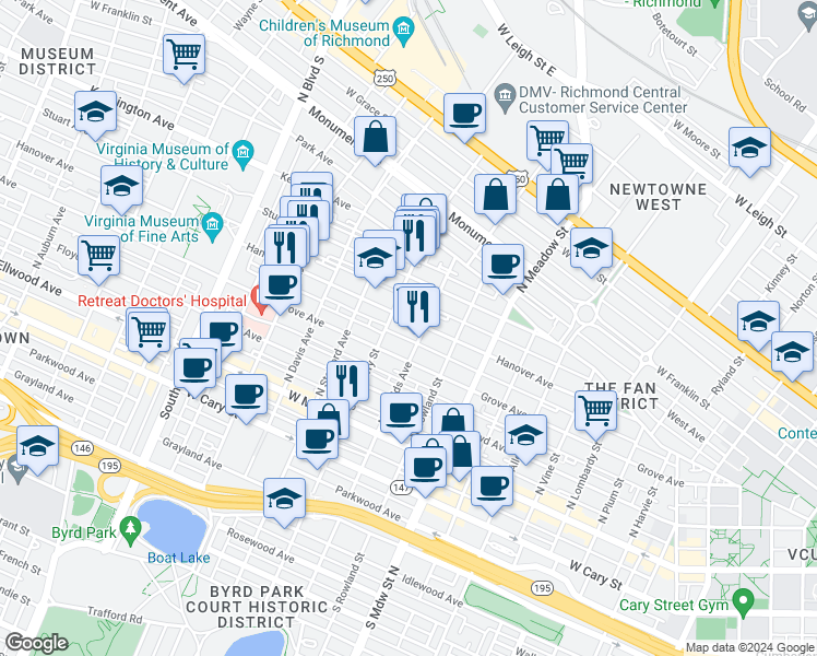 map of restaurants, bars, coffee shops, grocery stores, and more near 2230 Hanover Avenue in Richmond