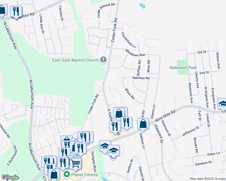 map of restaurants, bars, coffee shops, grocery stores, and more near 125 Post Cedar Court in Richmond