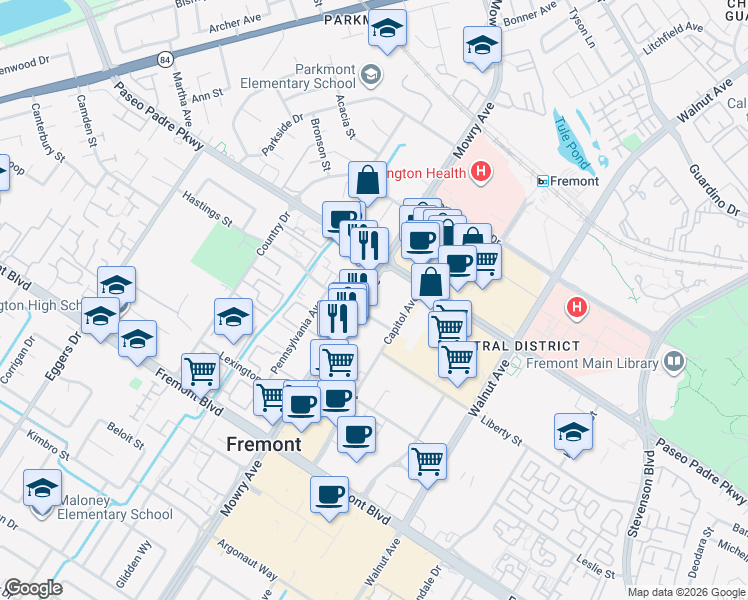 map of restaurants, bars, coffee shops, grocery stores, and more near 3191 Mowry Avenue in Fremont