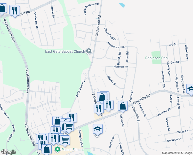 map of restaurants, bars, coffee shops, grocery stores, and more near 125 Post Cedar Court in Richmond
