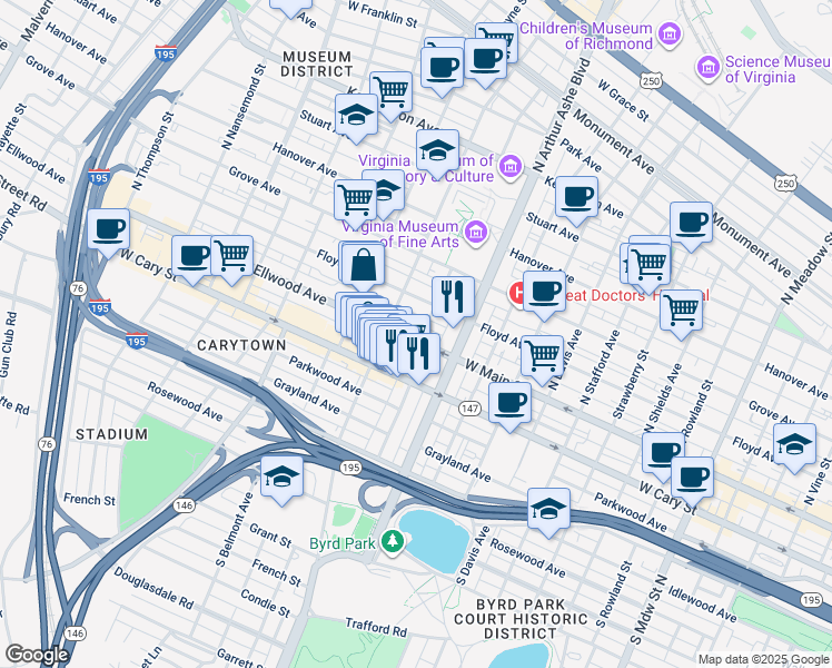 map of restaurants, bars, coffee shops, grocery stores, and more near 2902 Ellwood Avenue in Richmond