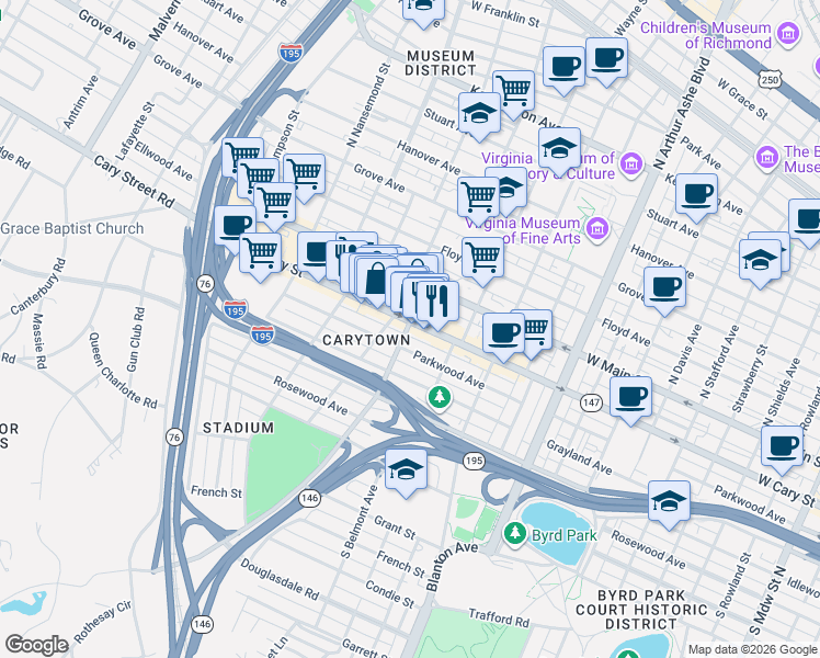 map of restaurants, bars, coffee shops, grocery stores, and more near 3145 West Cary Street in Richmond