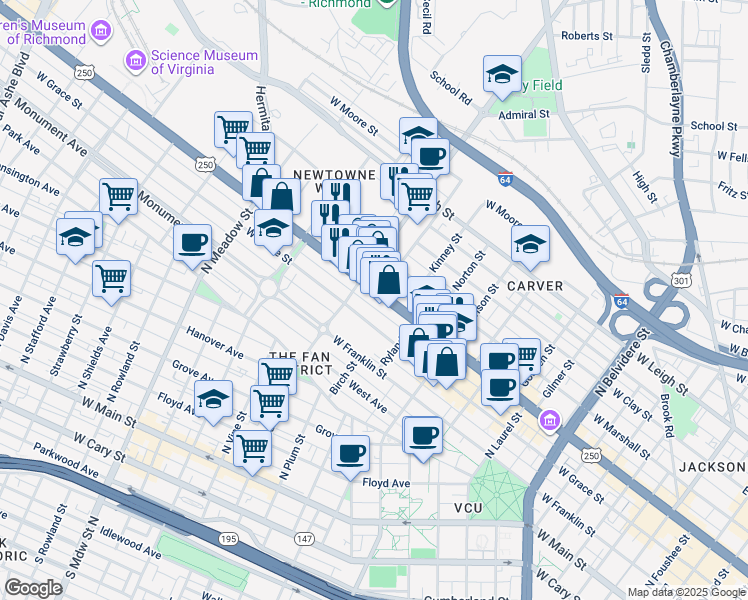 map of restaurants, bars, coffee shops, grocery stores, and more near 1343 West Broad Street in Richmond
