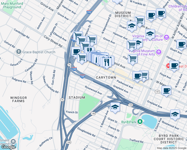 map of restaurants, bars, coffee shops, grocery stores, and more near 3402 Grayland Avenue in Richmond
