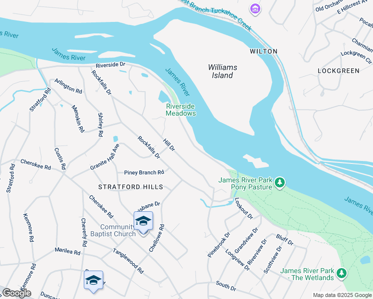 map of restaurants, bars, coffee shops, grocery stores, and more near 7501 Riverside Drive in Richmond