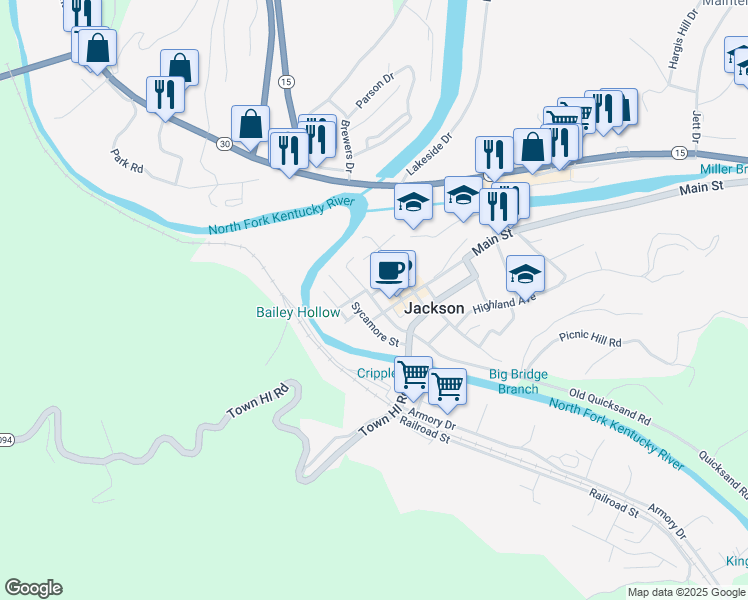 map of restaurants, bars, coffee shops, grocery stores, and more near Broadway Street in Jackson