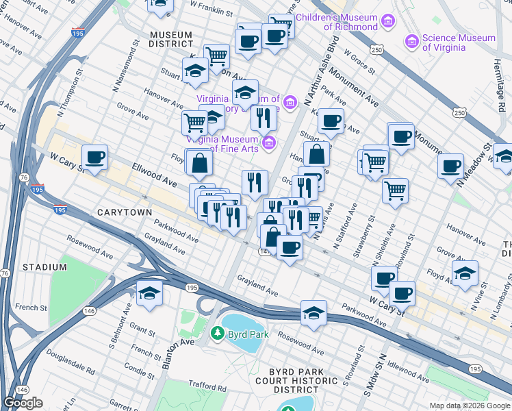map of restaurants, bars, coffee shops, grocery stores, and more near 16 North Arthur Ashe Boulevard in Richmond