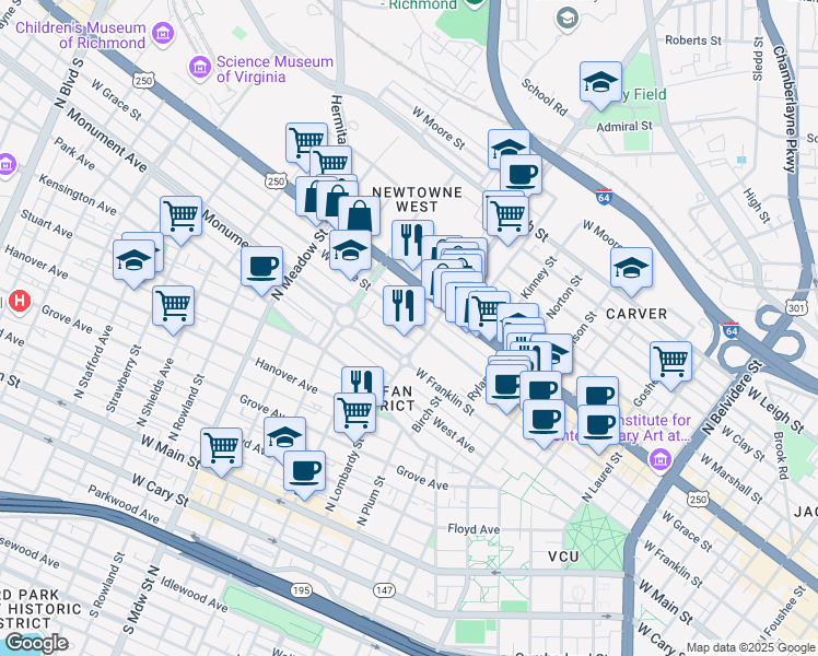 map of restaurants, bars, coffee shops, grocery stores, and more near 1615 West Grace Street in Richmond