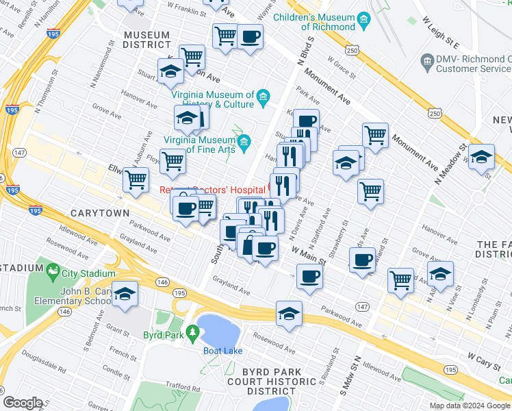 map of restaurants, bars, coffee shops, grocery stores, and more near 2700 Floyd Avenue in Richmond