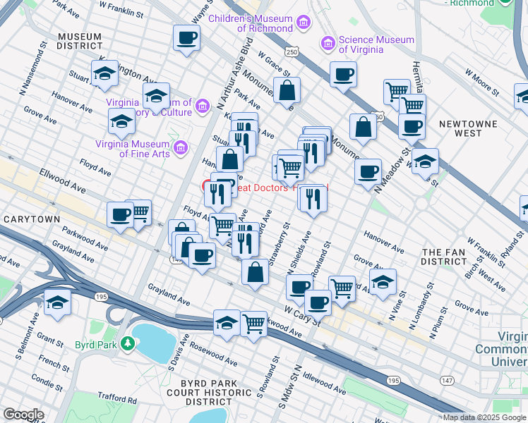 map of restaurants, bars, coffee shops, grocery stores, and more near 2402 Grove Avenue in Richmond