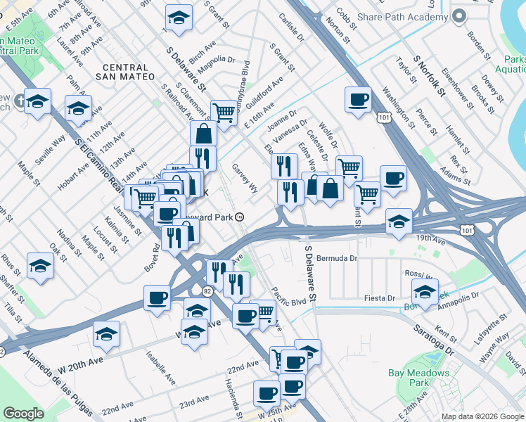 map of restaurants, bars, coffee shops, grocery stores, and more near 400 Station Park Circle in San Mateo