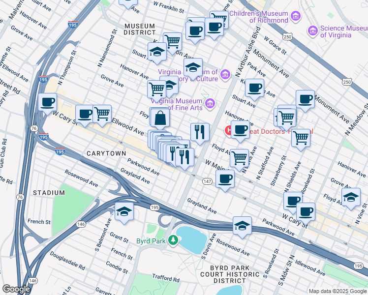 map of restaurants, bars, coffee shops, grocery stores, and more near 2902 Ellwood Avenue in Richmond