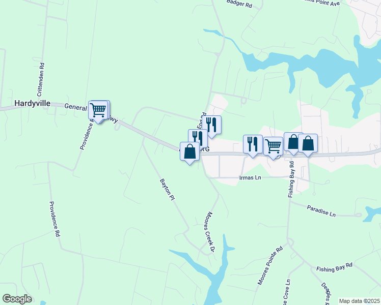 map of restaurants, bars, coffee shops, grocery stores, and more near 2 North End Road in Deltaville