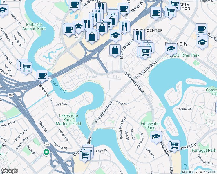map of restaurants, bars, coffee shops, grocery stores, and more near 815 Sea Spray Lane in Foster City