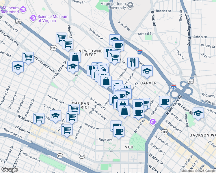map of restaurants, bars, coffee shops, grocery stores, and more near 609 Bowe Street in Richmond