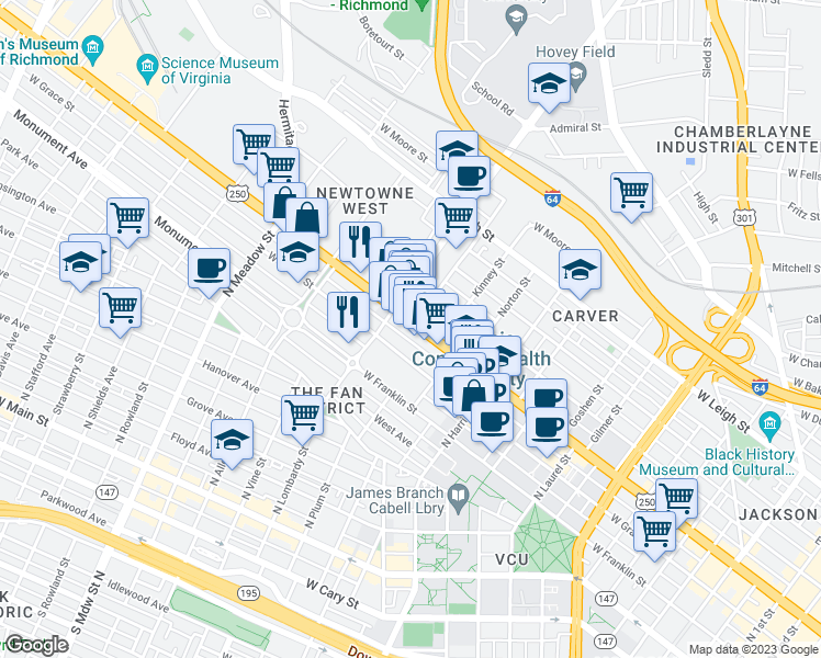 map of restaurants, bars, coffee shops, grocery stores, and more near 150 Bowe Street in Richmond