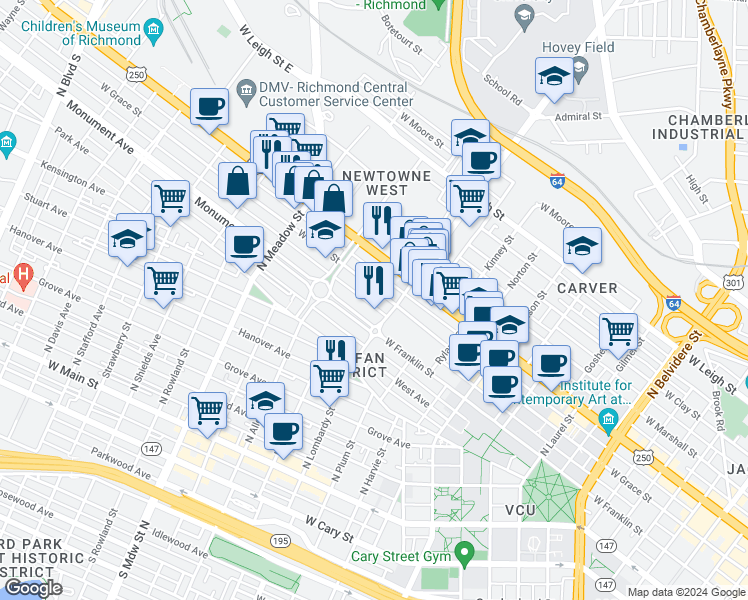 map of restaurants, bars, coffee shops, grocery stores, and more near 1641 West Grace Street in Richmond
