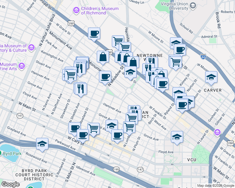 map of restaurants, bars, coffee shops, grocery stores, and more near 1817 Allemeadmonupark-d Alley in Richmond
