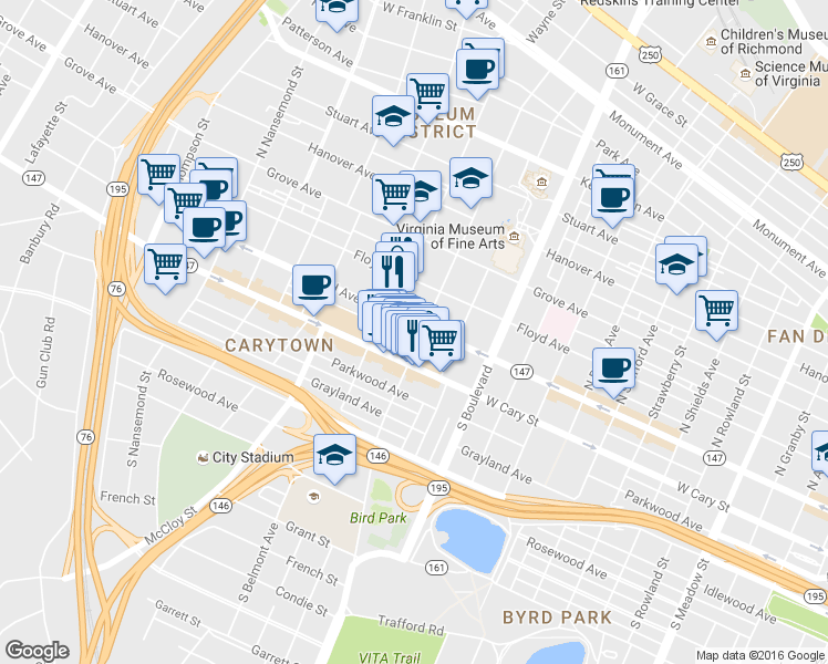 map of restaurants, bars, coffee shops, grocery stores, and more near 12 North Sheppard Street in Richmond