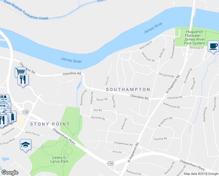 map of restaurants, bars, coffee shops, grocery stores, and more near 8920 Cherokee Road in Richmond