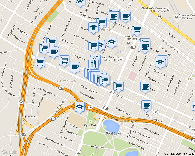 map of restaurants, bars, coffee shops, grocery stores, and more near 3009 Ellwood Avenue in Richmond