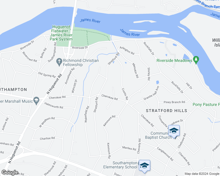 map of restaurants, bars, coffee shops, grocery stores, and more near 4236 Pawnee Road in Richmond