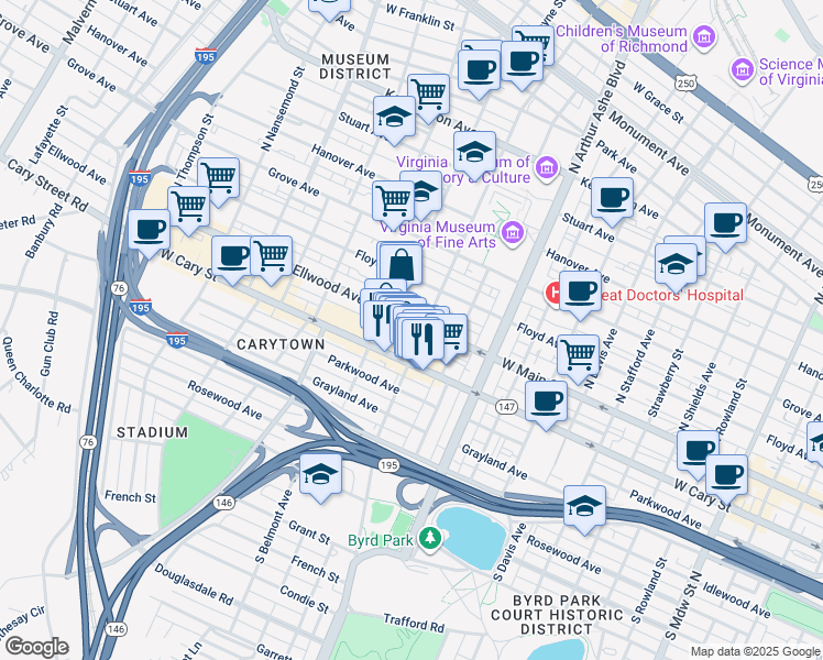 map of restaurants, bars, coffee shops, grocery stores, and more near 3009 Ellwood Avenue in Richmond