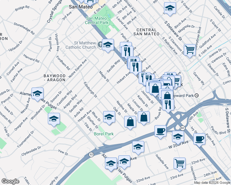 map of restaurants, bars, coffee shops, grocery stores, and more near 1207 Maple Street in San Mateo