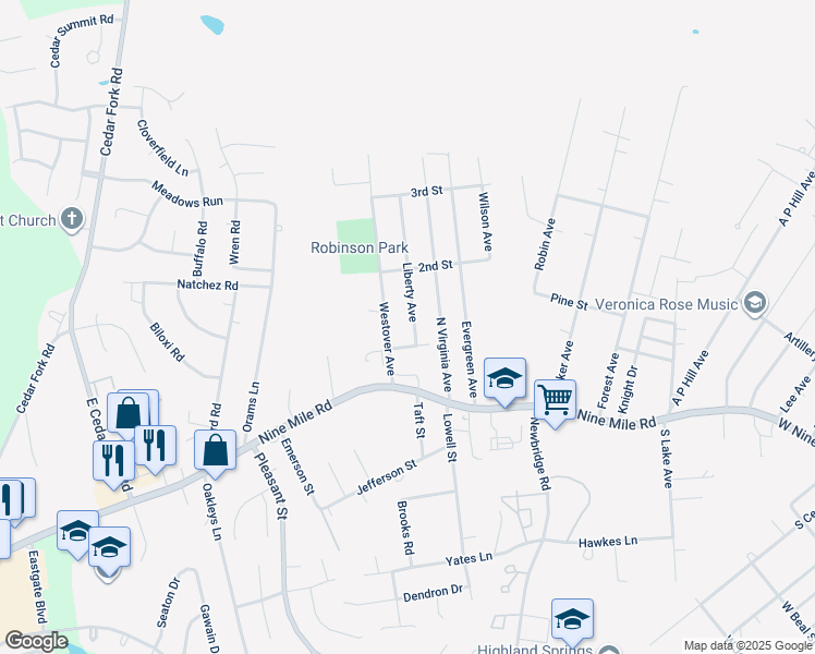 map of restaurants, bars, coffee shops, grocery stores, and more near 106 Liberty Avenue in Richmond