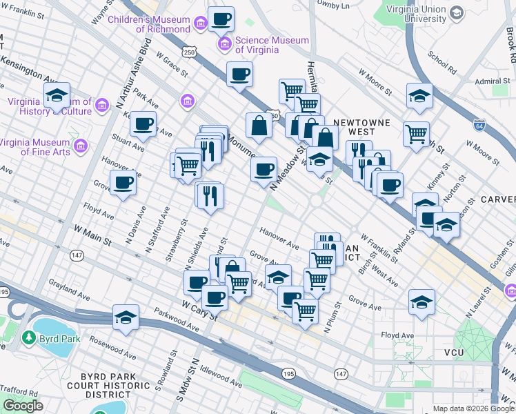 map of restaurants, bars, coffee shops, grocery stores, and more near 410 North Meadow Street in Richmond