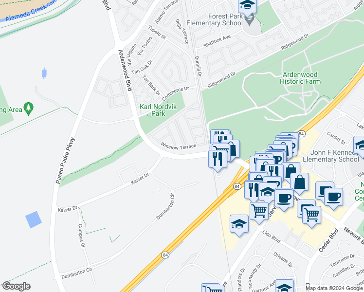 map of restaurants, bars, coffee shops, grocery stores, and more near 34575 Melissa Terrace in Fremont
