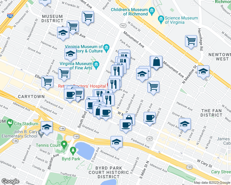 map of restaurants, bars, coffee shops, grocery stores, and more near 117 North Robinson Street in Richmond