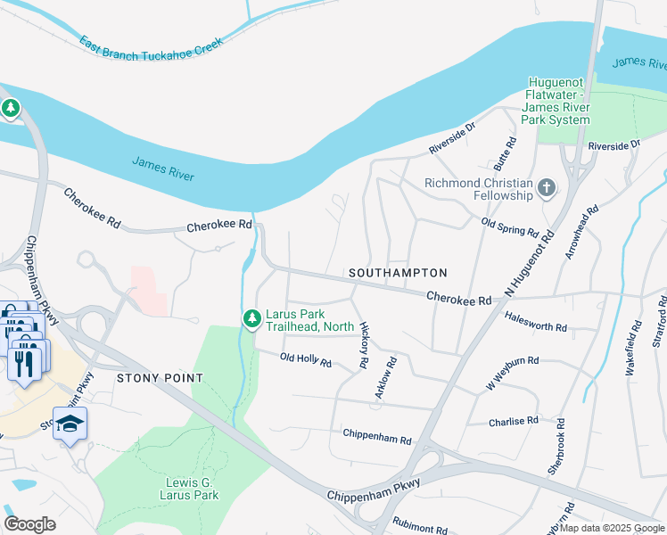 map of restaurants, bars, coffee shops, grocery stores, and more near 8928 Cherokee Road in Richmond